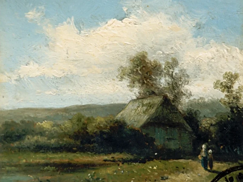 1819-Claas Hendrik Meiners - Piccolo paesaggio con casale e due figure
